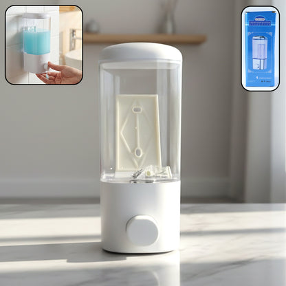 Wall mount liquid soap and hand wash dispenser by Wukusy, 500ml capacity, mounted on bathroom wall with pump and clear container.