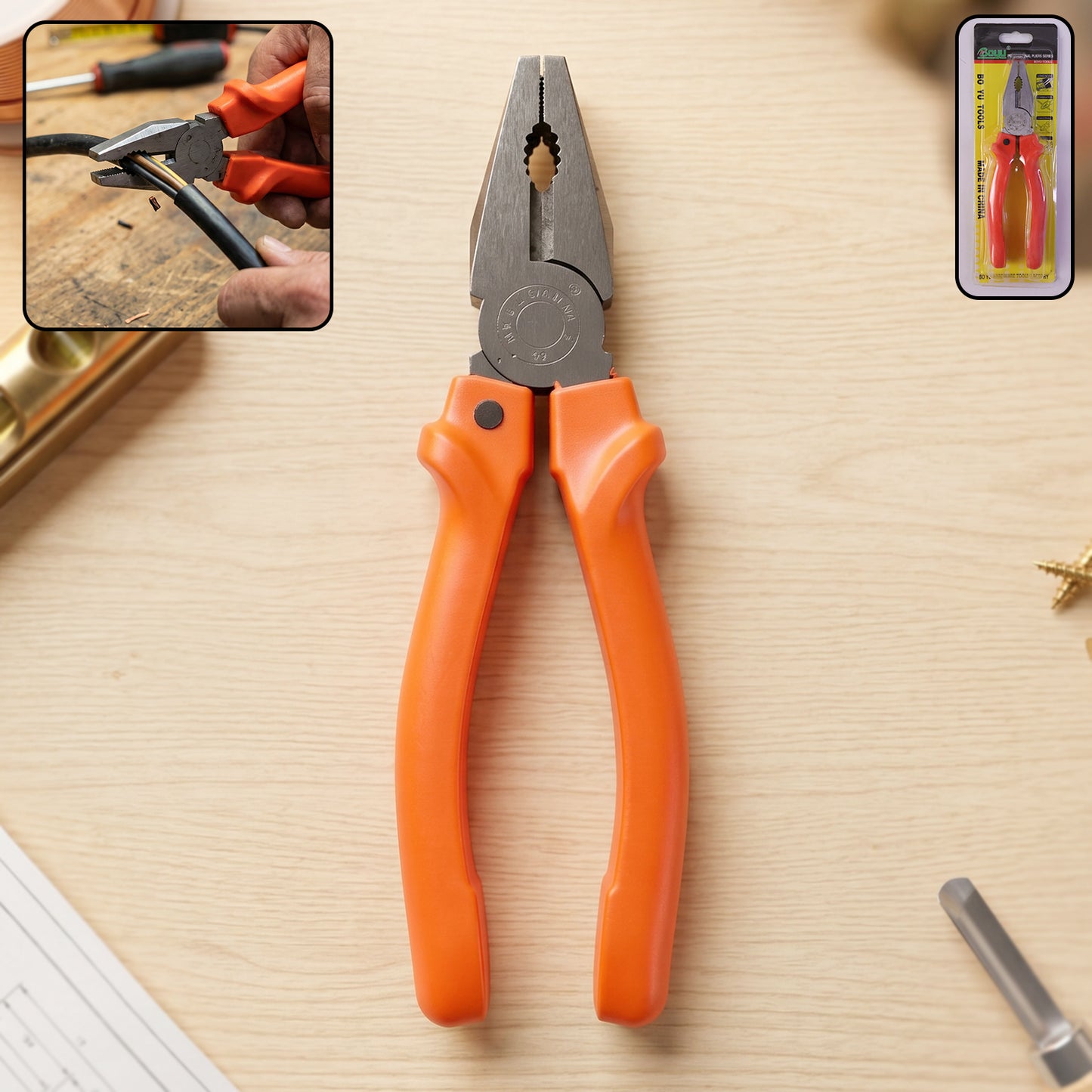 Wukusy heavy duty combination pliers with wire cutting and gripping jaws, ideal for electrical and mechanical tasks.