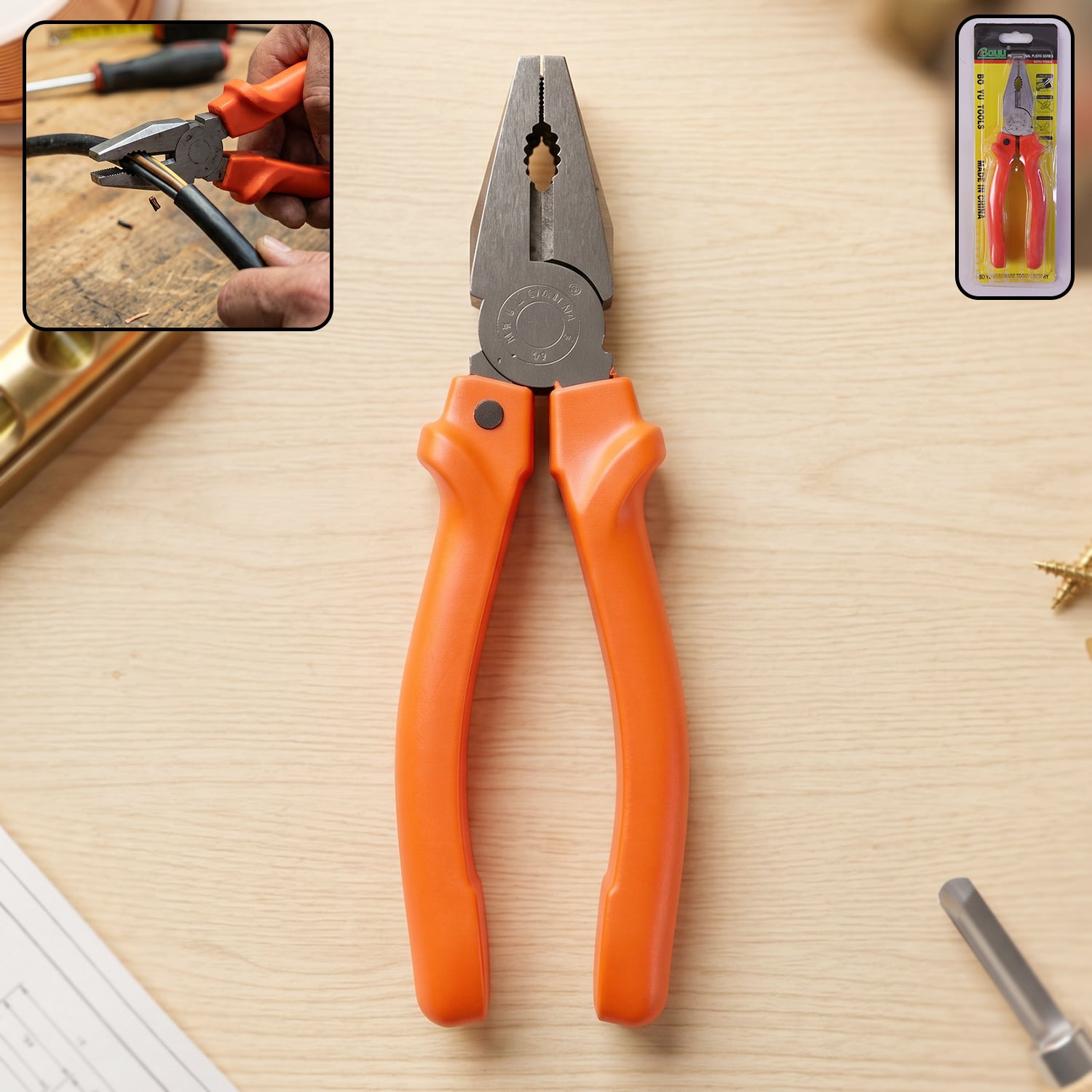 Wukusy heavy duty combination pliers with wire cutting and gripping jaws, ideal for electrical and mechanical tasks.