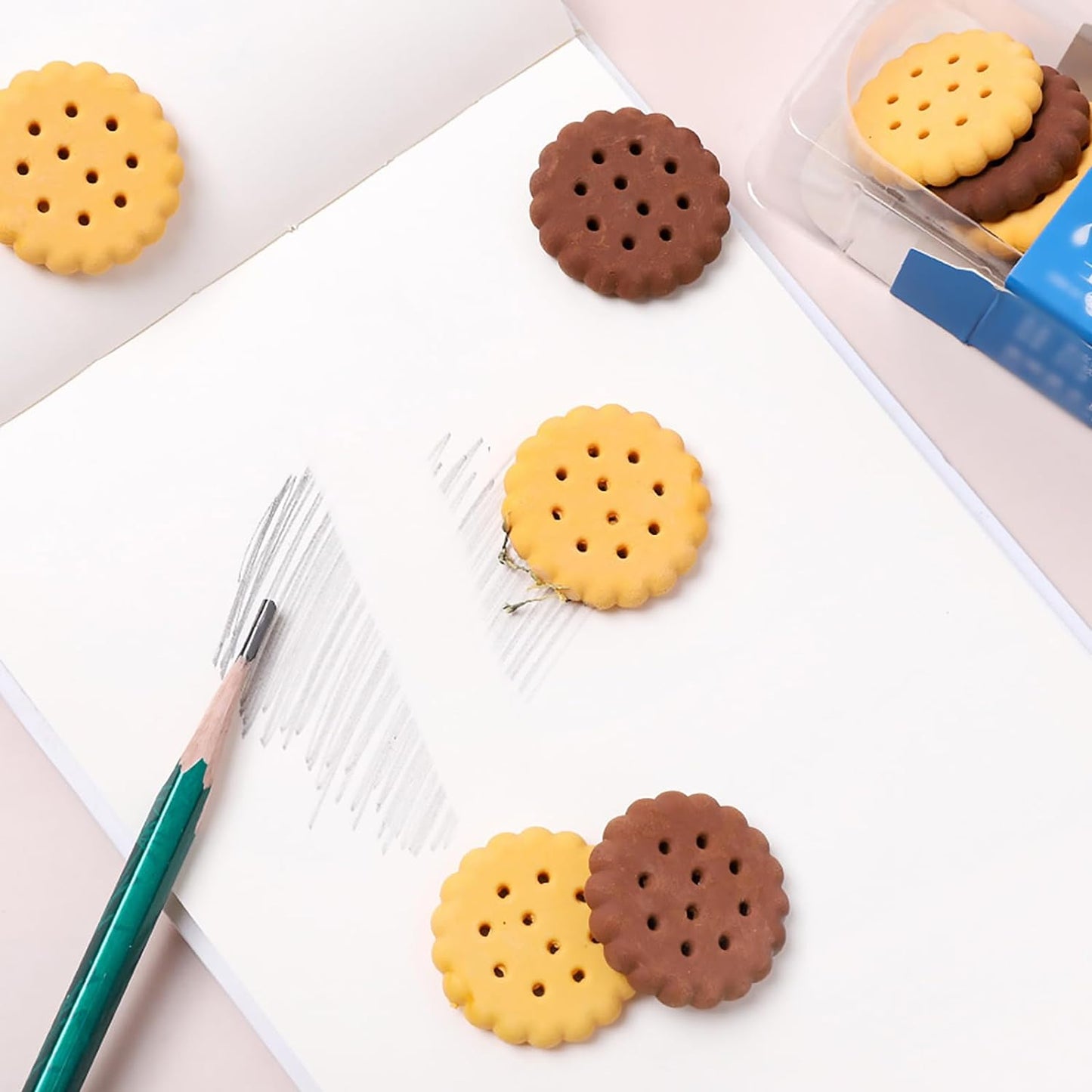 Set of six Wukusy biscuit-shaped erasers for stationery, perfect for school, office, or creative gift and party favors.