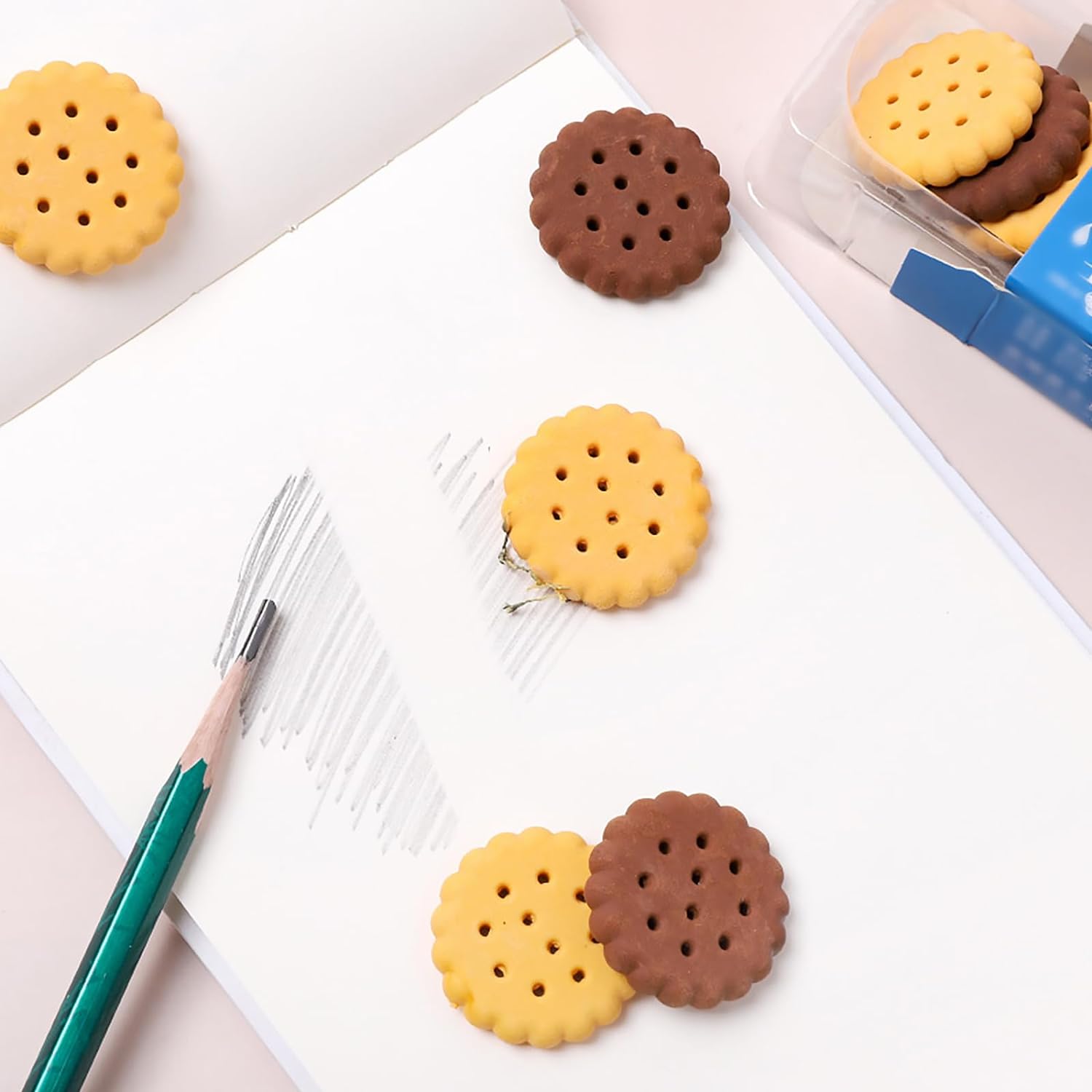 Set of six Wukusy biscuit-shaped erasers for stationery, perfect for school, office, or creative gift and party favors.