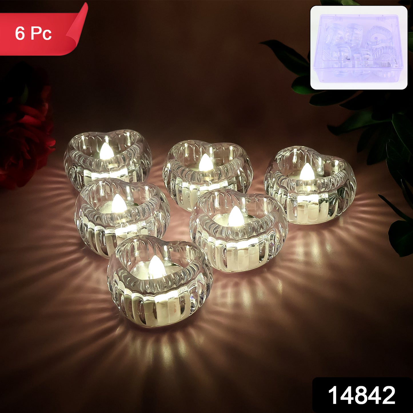 Set of 6 Wukusy LED crystal tealight candles for flameless home decor, featuring elegant crystal designs and warm light.