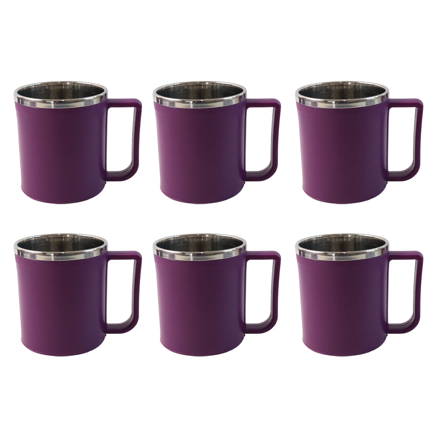 Six Wukusy Supermom stainless steel coffee mugs, 200ml capacity, arranged in a set for home and kitchen use.