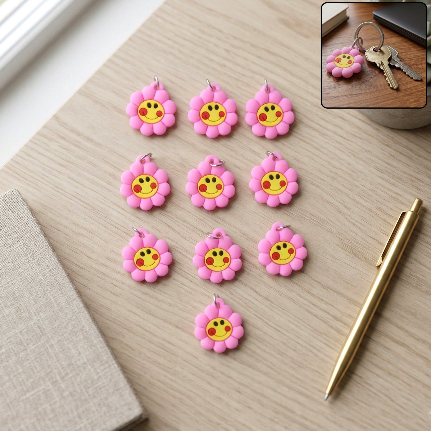 Set of 10 Wukusy smiley flower shape bag charm keychains with colorful, cheerful designs for accessories and decoration.