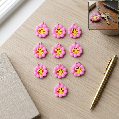 Set of 10 Wukusy smiley flower shape bag charm keychains with colorful, cheerful designs for accessories and decoration.
