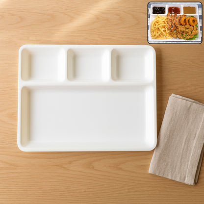 White plastic 4-compartment rectangular meal serving tray from Wukusy, ideal for home and kitchen use, with four sections for different foods.