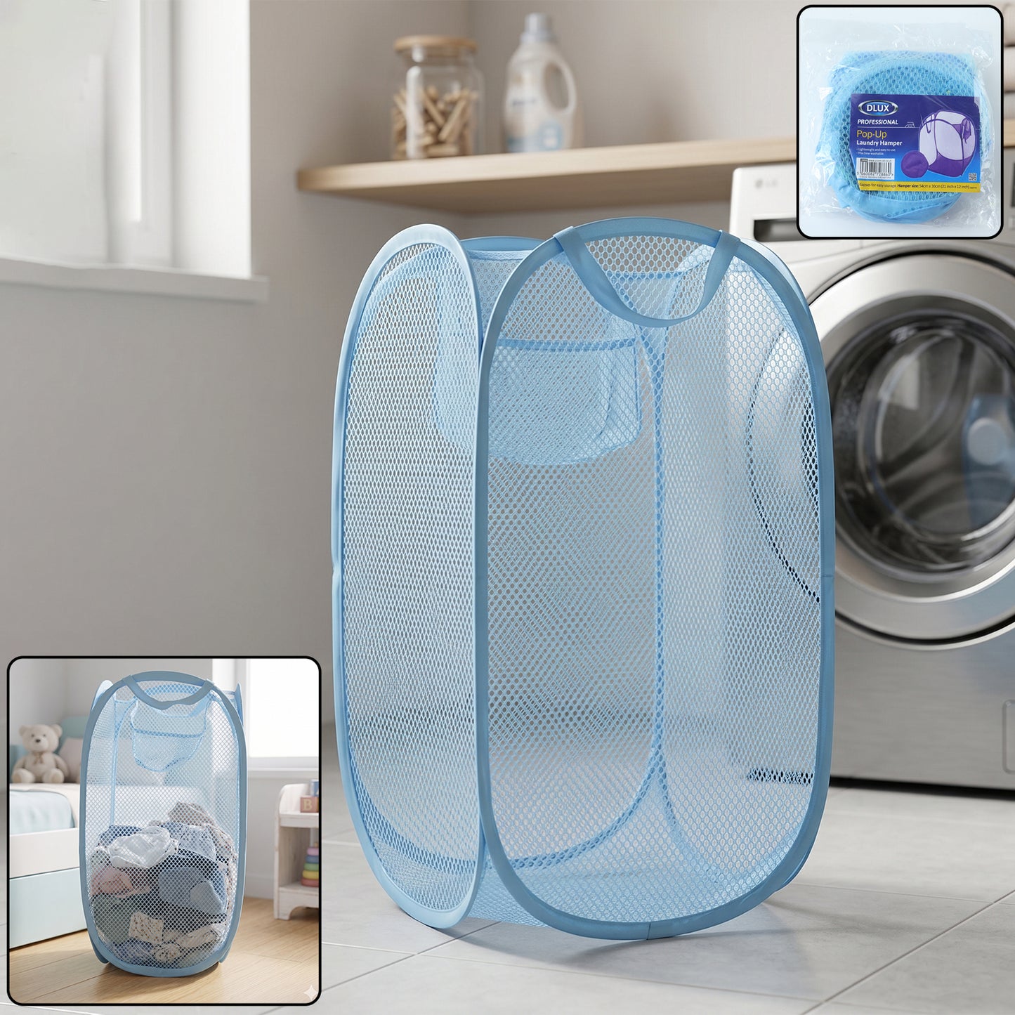 Large mesh pop-up laundry basket by Wukusy, 54x30cm, collapsible clothes storage hamper with breathable mesh design.