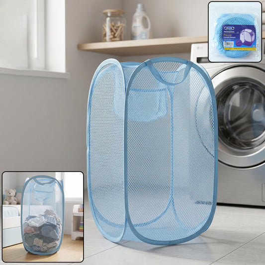 Large mesh pop-up laundry basket by Wukusy, 54x30cm, collapsible clothes storage hamper with breathable mesh design.