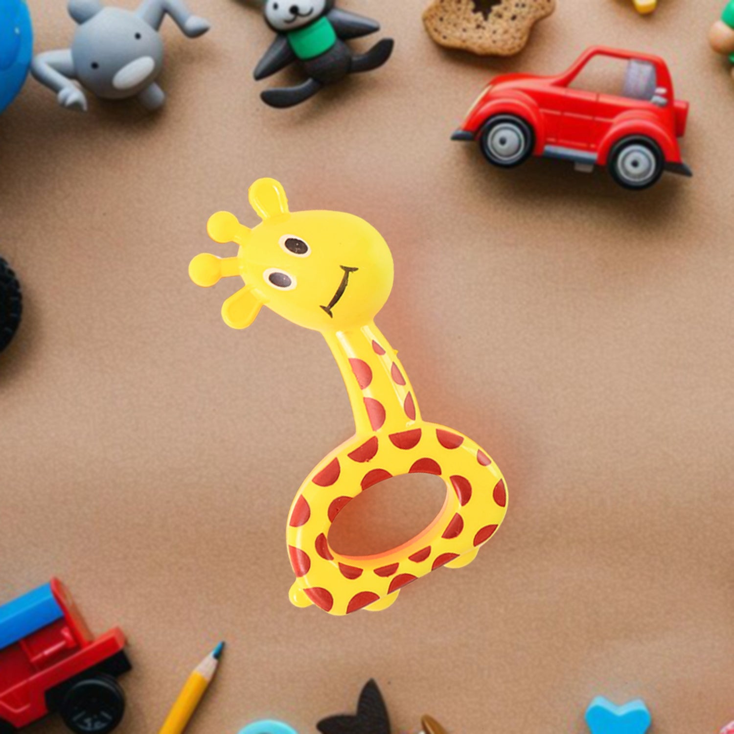 Colorful animal shape baby rattle toy set featuring three Wukusy plastic rattles in vibrant designs for infants.