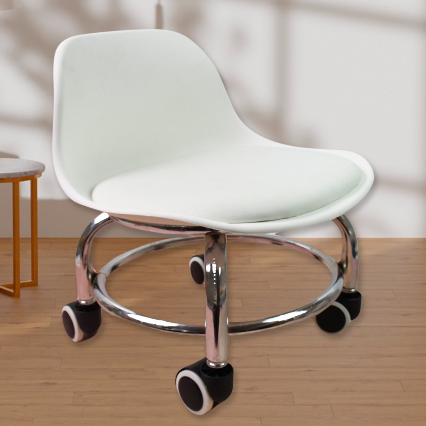 Wukusy 4054 low round rolling stool with wheels, multi-color, for home, office, or garage use, featuring a padded seat and metal base.