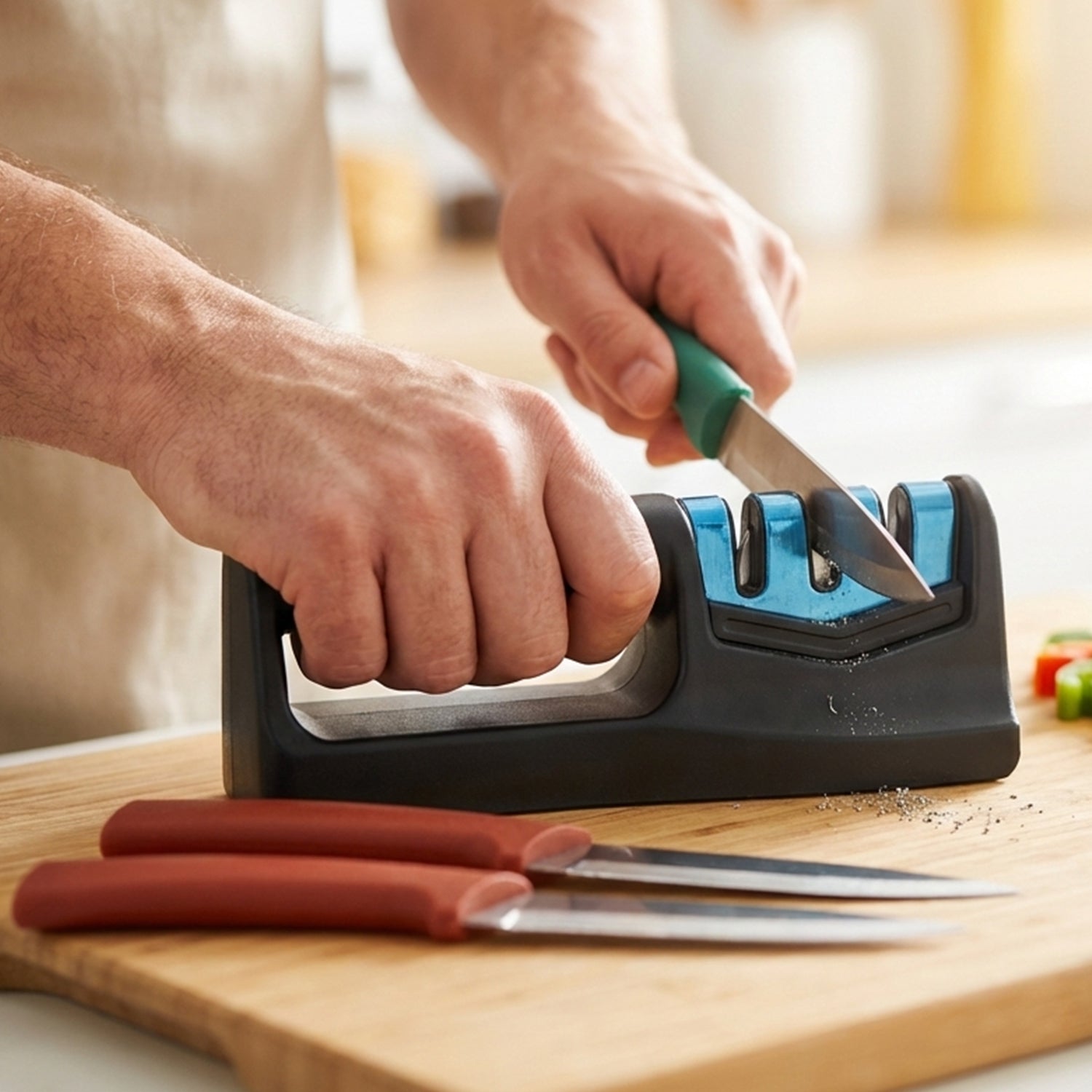 Wukusy 3-piece kitchen knife set with sharpener, including chef knives and a handheld knife sharpener on a wooden countertop.