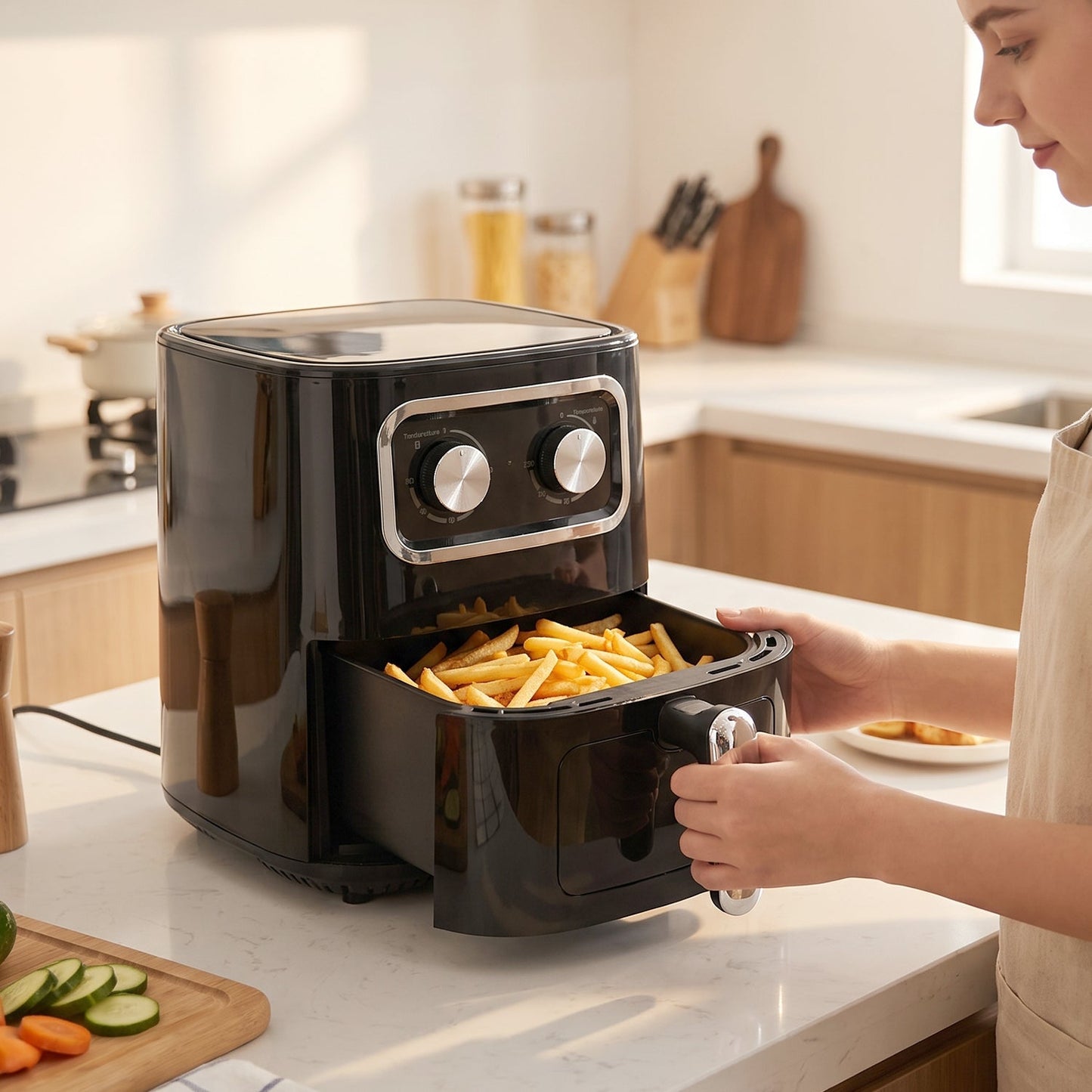 Wukusy Sutai Air Fryer Oven with 15L capacity, 2400W, oil-free cooking, digital controls, and large family-friendly design.