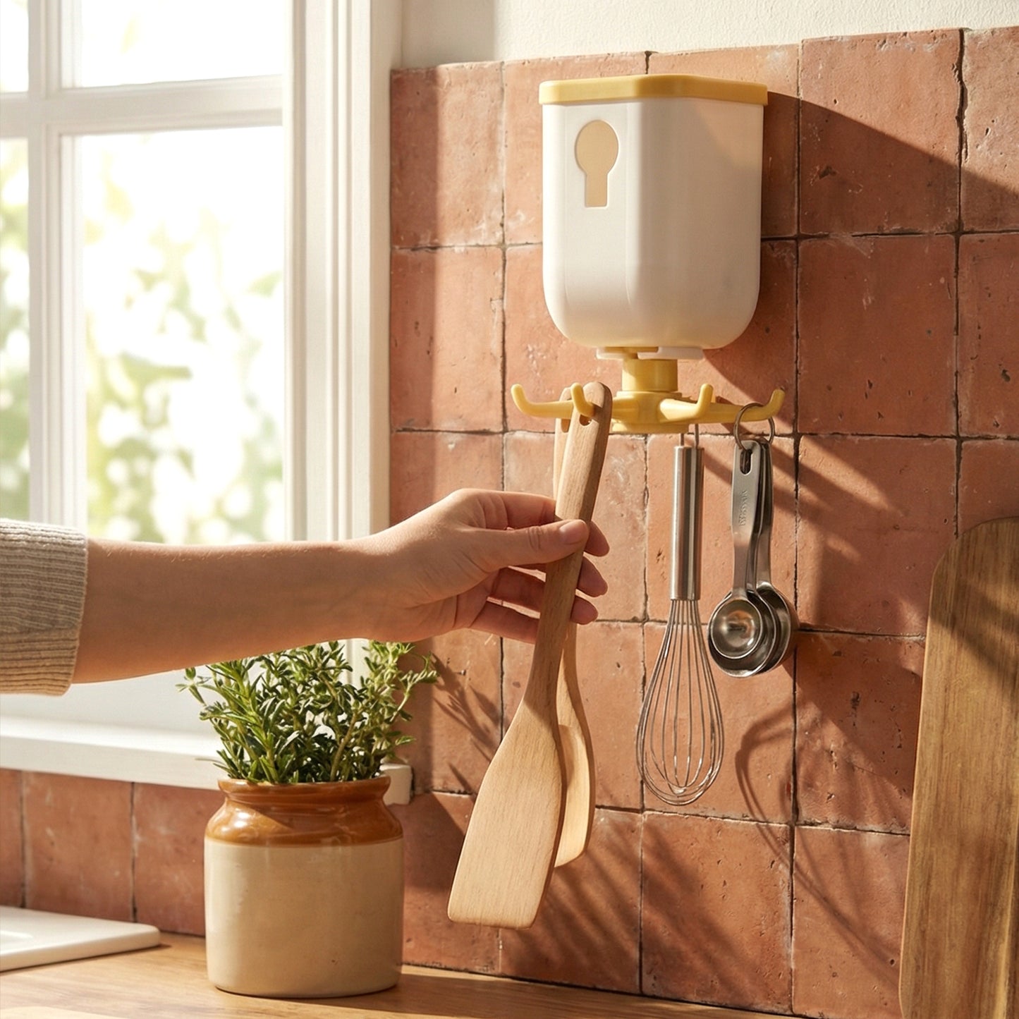 Wukusy 360 rotating heavy-duty sticky wall hook attached to a surface, showcasing its versatile wall storage and rotating design.