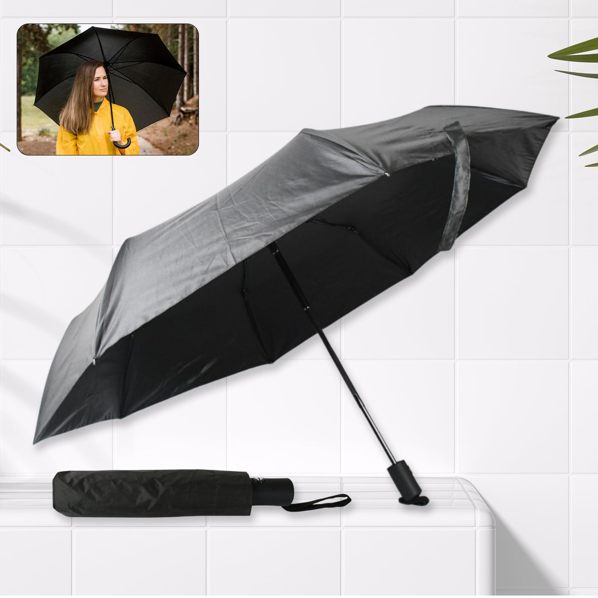 Wukusy 2-fold manual umbrella with steel shaft, wrist strap, windproof and rainproof design, ideal for women, men, and kids.