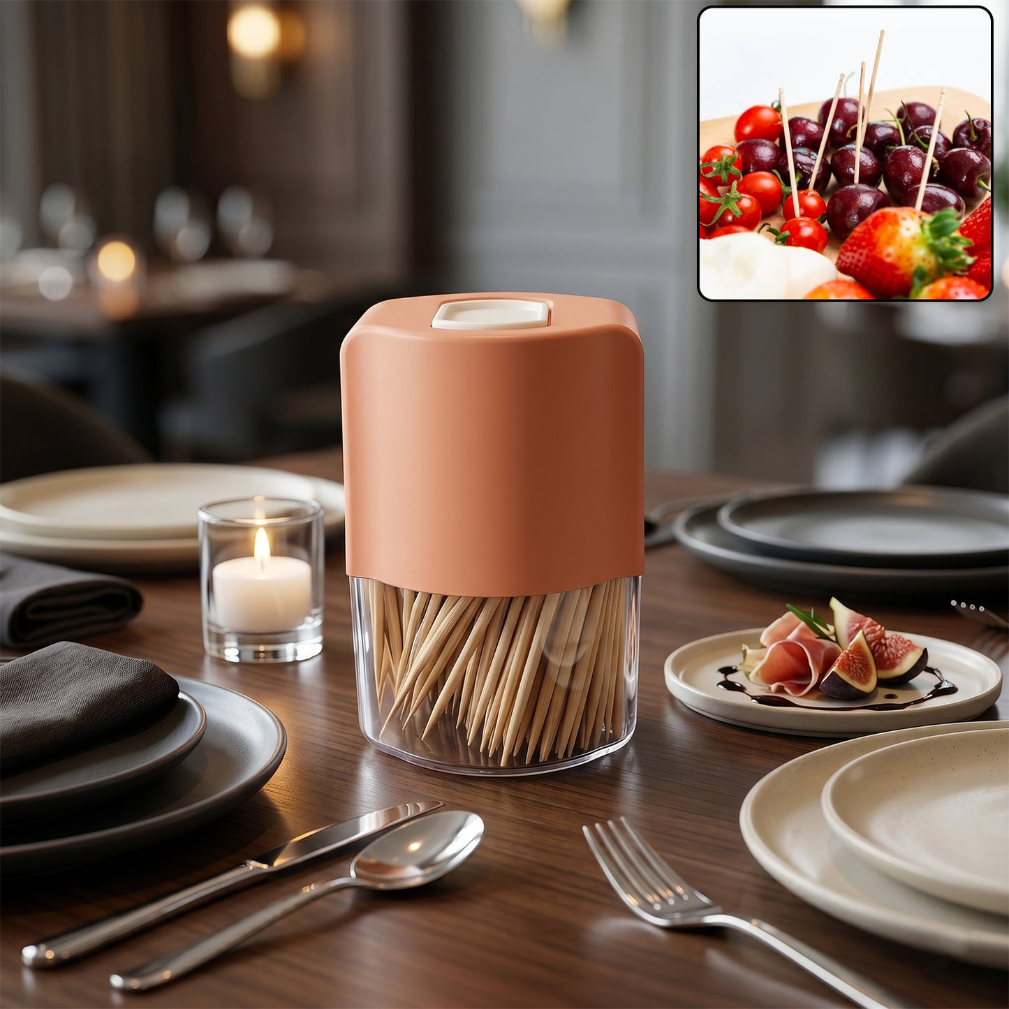 Wukusy toothpick dispenser box set with automatic pop-up holder on a dining table, compact and convenient for serving toothpicks.