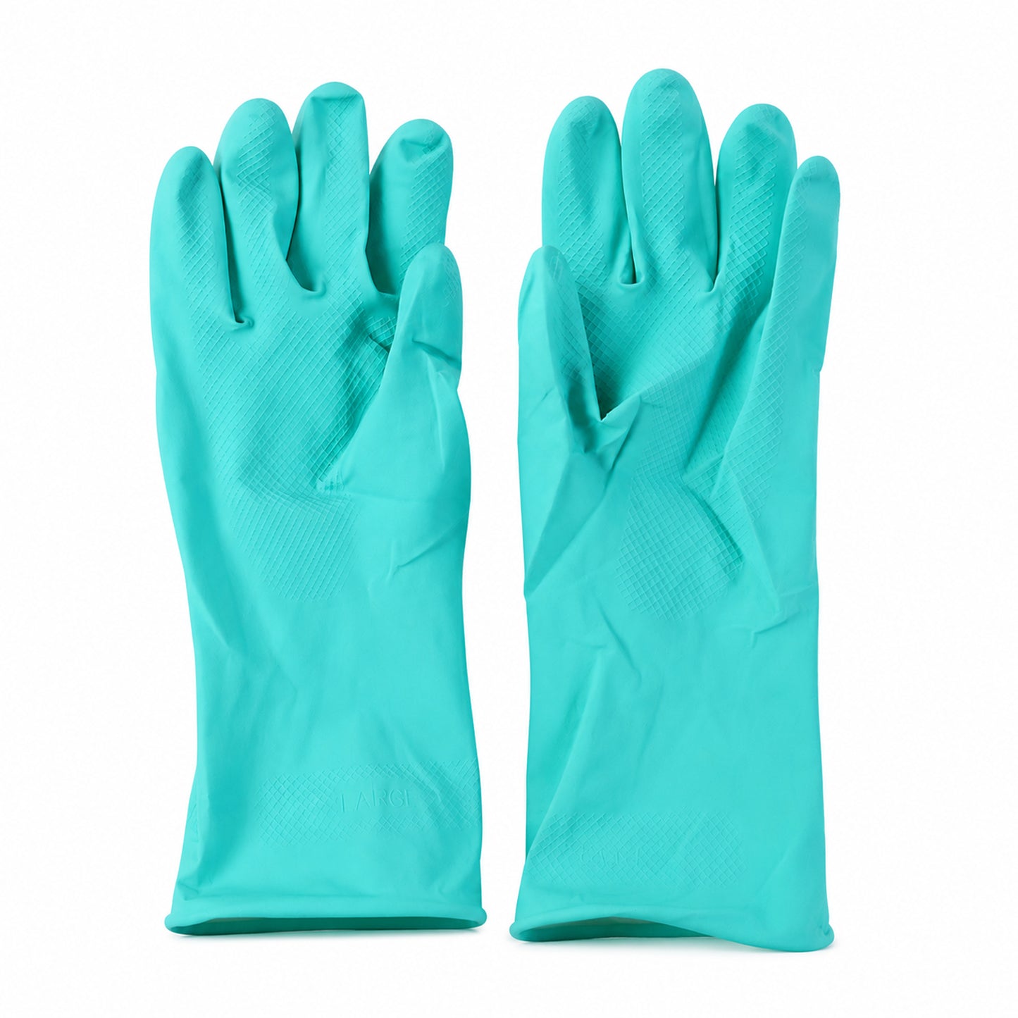 Pair of large Wukusy Victor green rubber cleaning gloves for kitchen dishwashing, reusable and durable.