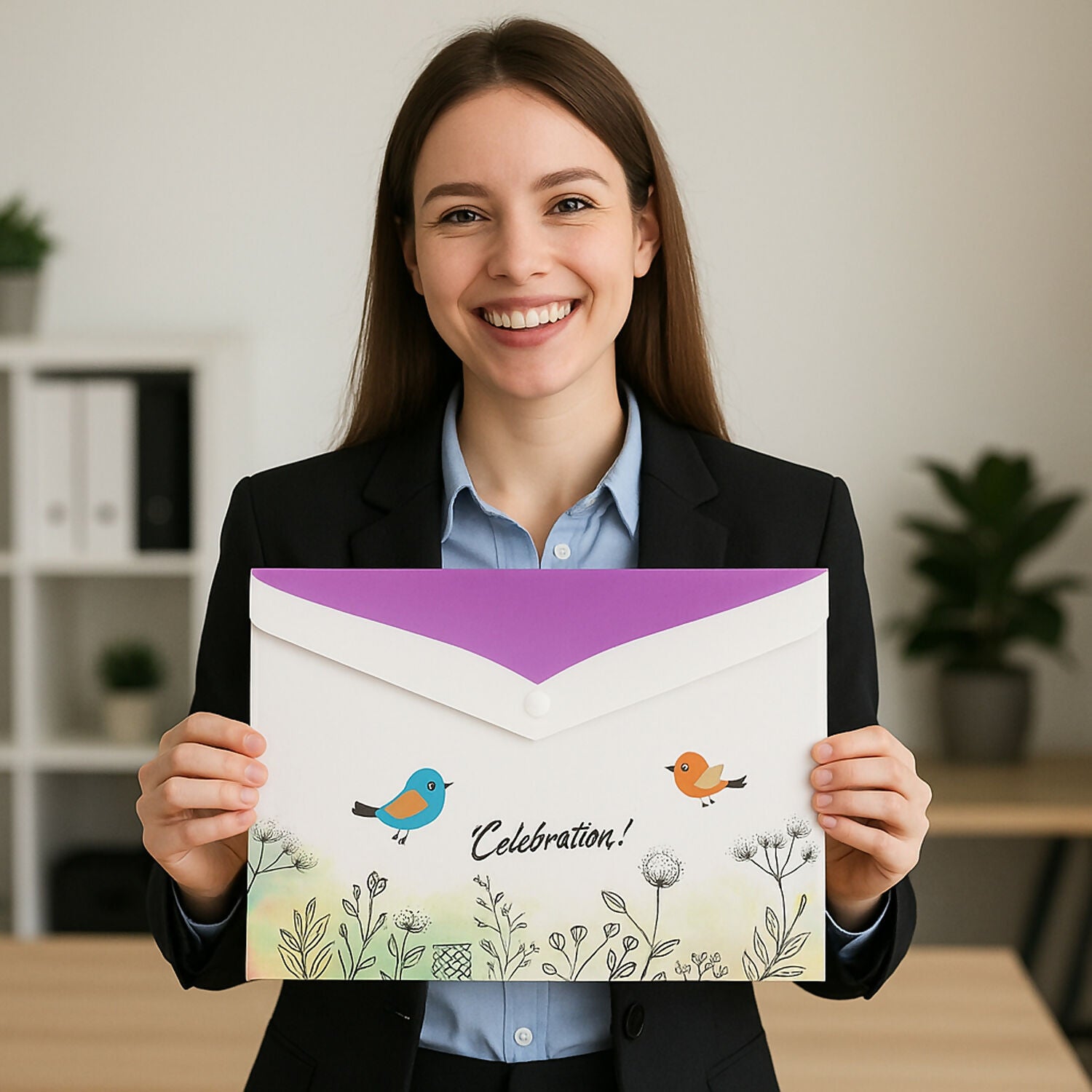 Wukusy A4 printed document folder with decorative button closure, featuring a colorful mix design and secure fastening.
