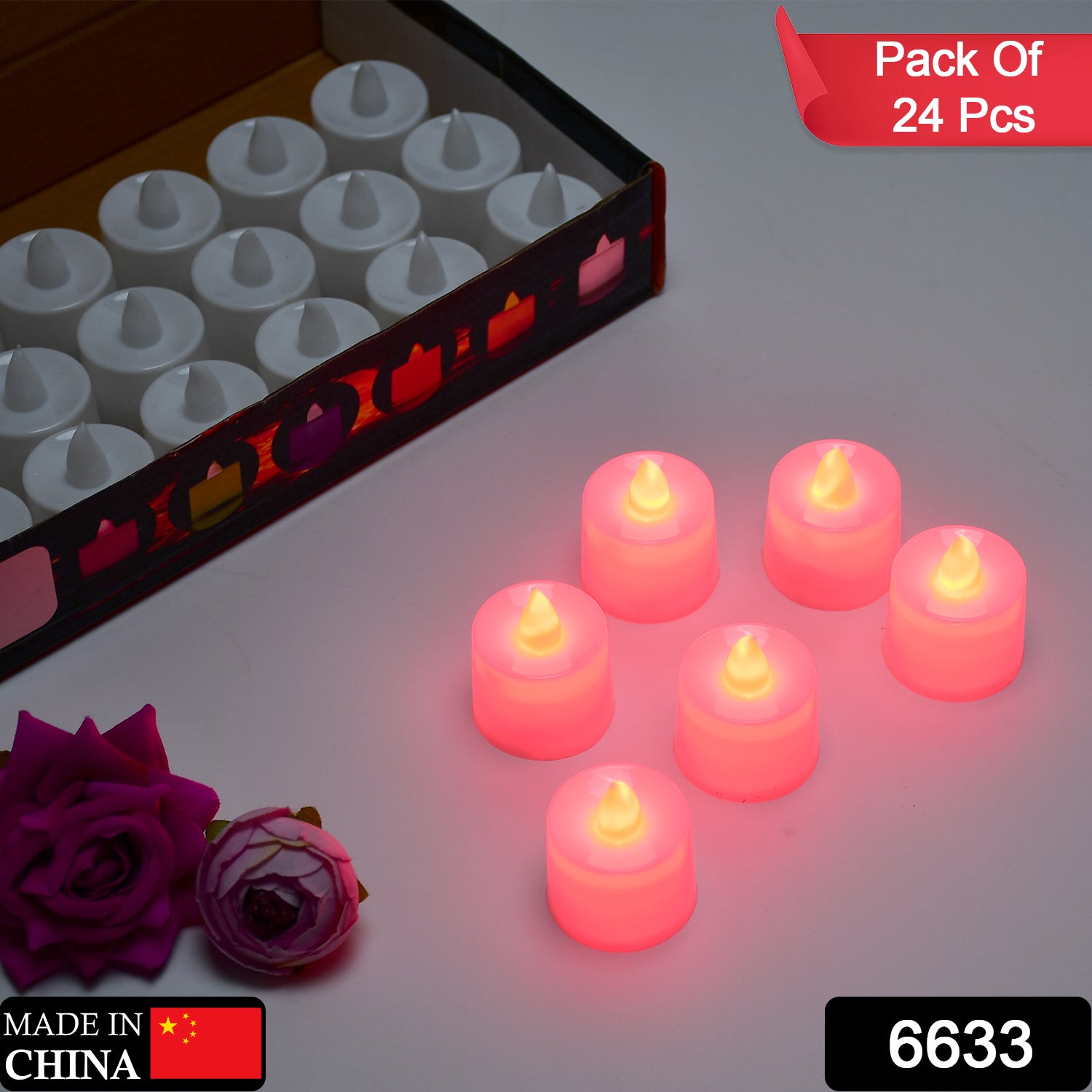 Set of 24 Wukusy red flameless LED tealights with plastic housings, smokeless decorative candles for home decoration.