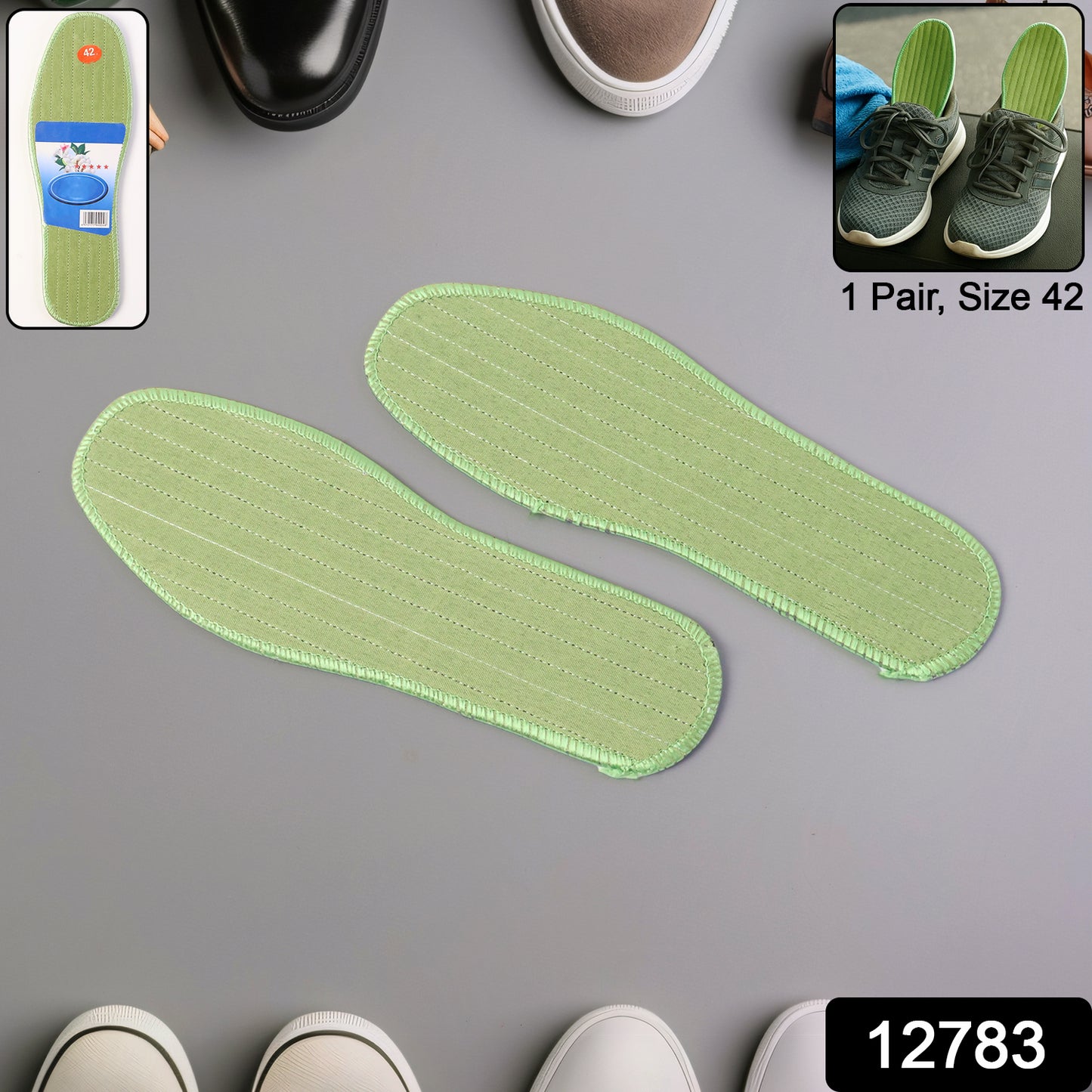 Wukusy premium comfort shoe insoles for size 42, designed for daily foot support, with a mix of ergonomic designs in a pair.