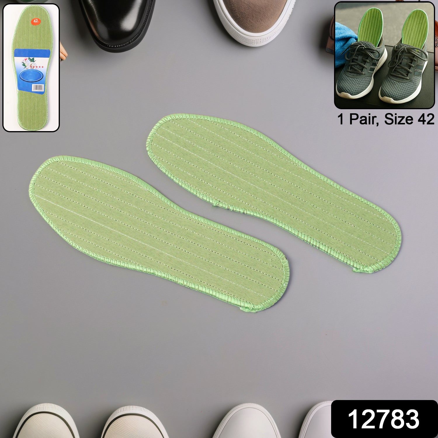 Wukusy premium comfort shoe insoles for size 42, designed for daily foot support, with a mix of ergonomic designs in a pair.