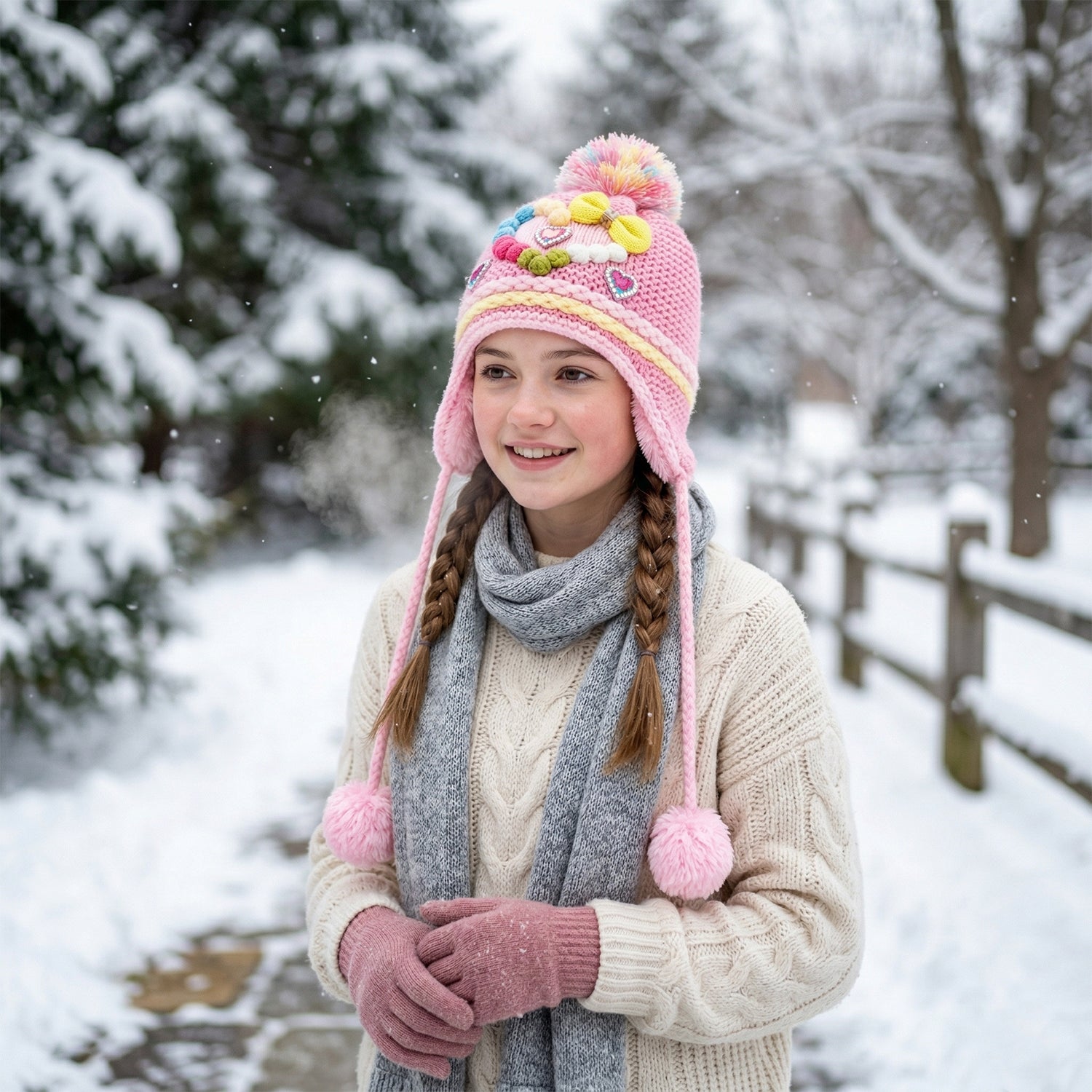 Cute kids winter woolen ear flap cap with pom pom from Wukusy, featuring a mix of colorful designs and cozy knit fabric.