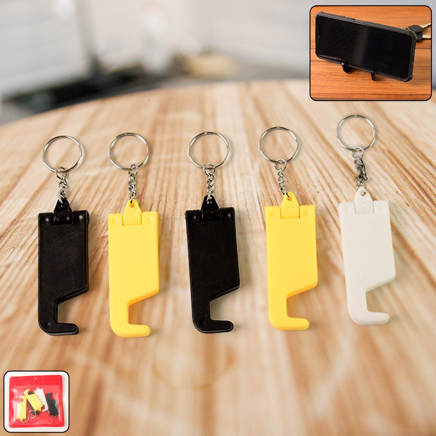 Set of five multicolor Wukusy 2-in-1 plastic keychains with mobile stands and phone holders, designed for office use.