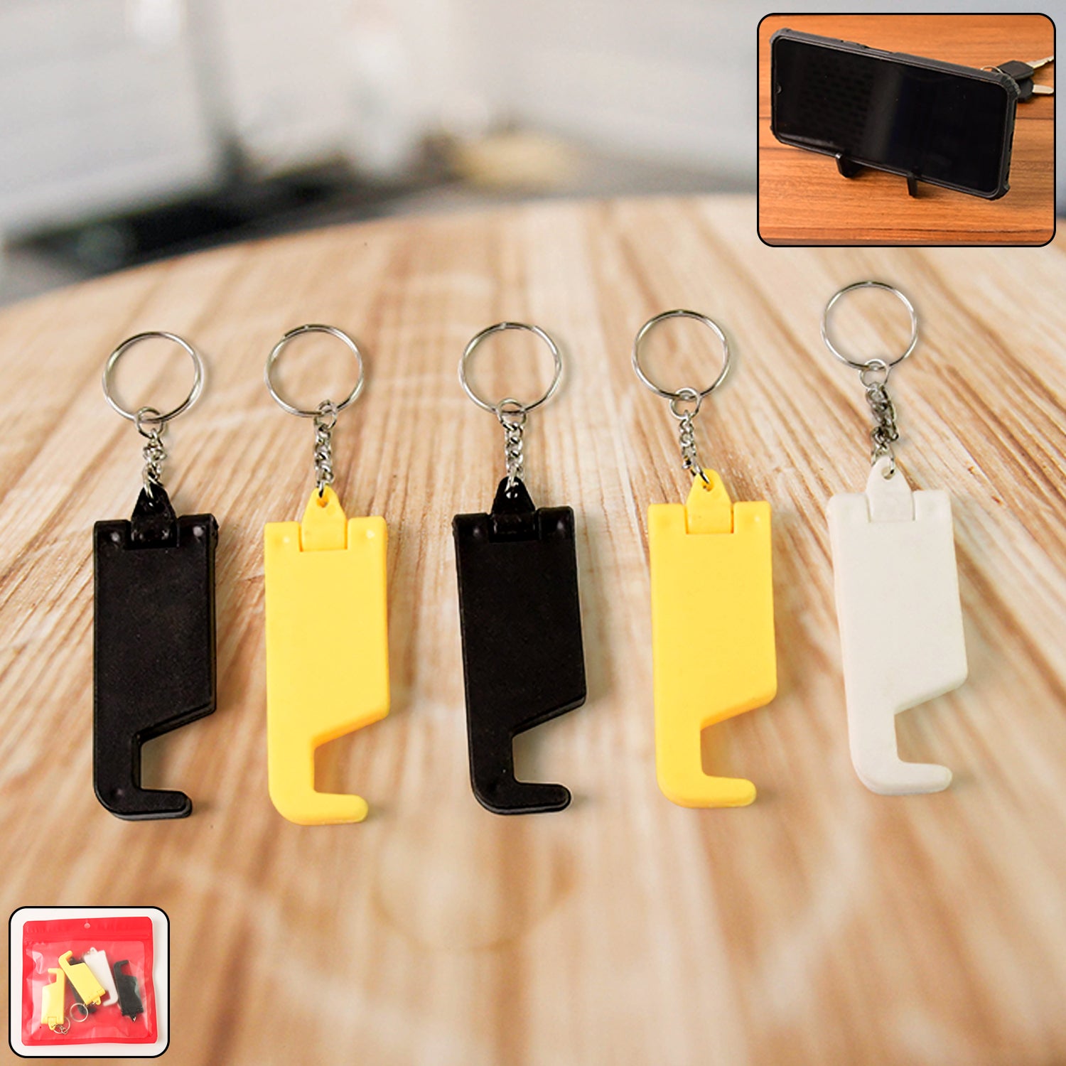 Set of five multicolor Wukusy 2-in-1 plastic keychains with mobile stands and phone holders, designed for office use.