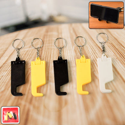 Set of five multicolor Wukusy 2-in-1 plastic keychains with mobile stands and phone holders, designed for office use.