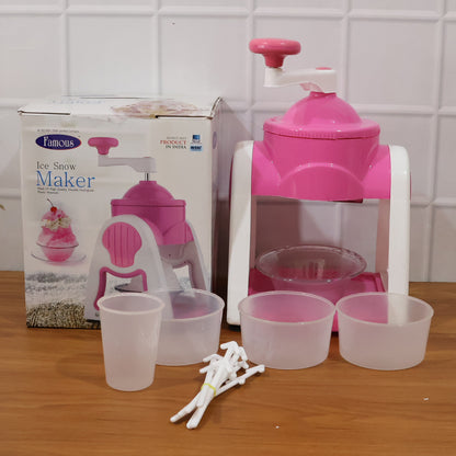 Pink manual ice crusher machine by Wukusy with a sturdy handle and compact design for easy ice crushing.