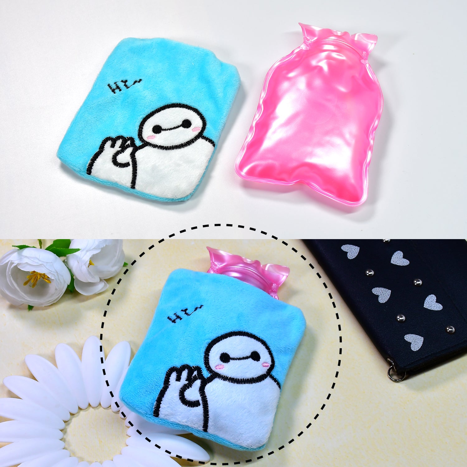 Blue Baymax small hot water bag with cover by Wukusy, designed for pain relief, menstrual cramps, and warming neck, shoulders, hands, and feet.