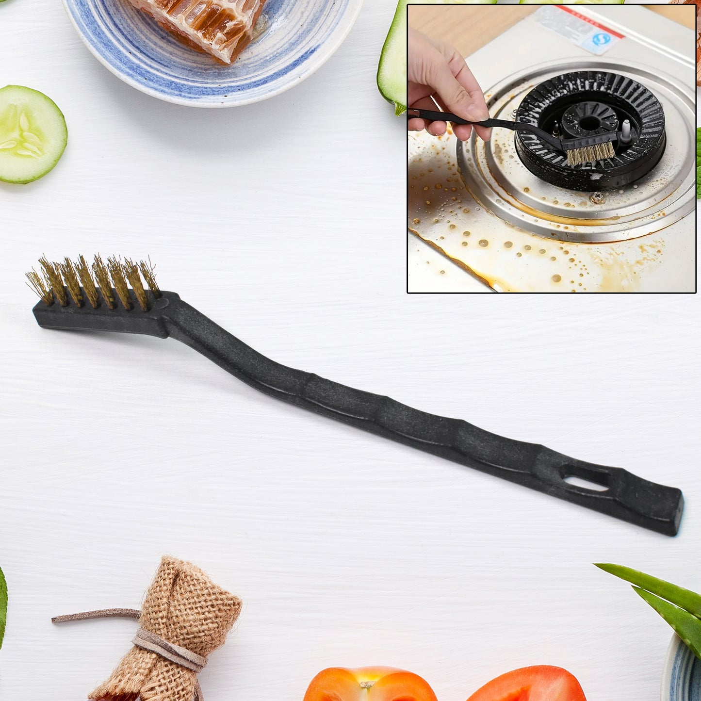 Mini brass wire brush by Wukusy, compact tool with sturdy bristles for cleaning and polishing small surfaces.