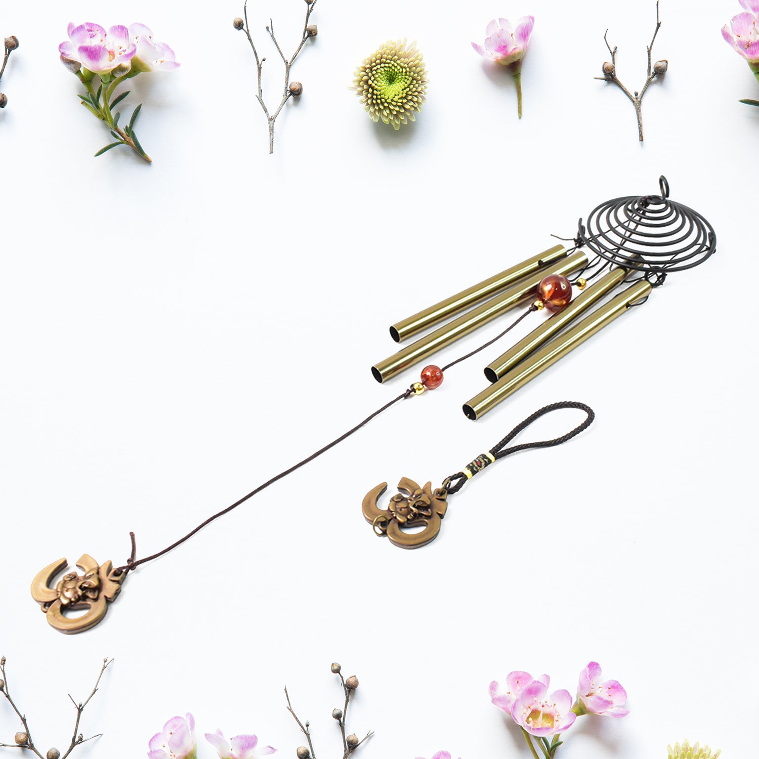 Outdoor hanging wind chime with dragonfly design by Wukusy, featuring metal tubes and decorative dragonfly accents.