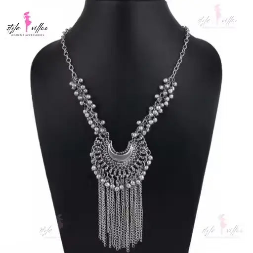 Ekom partywear silver bold necklace set with oxidized finish, includes matching earrings for women, stylish jewelry for special occasions