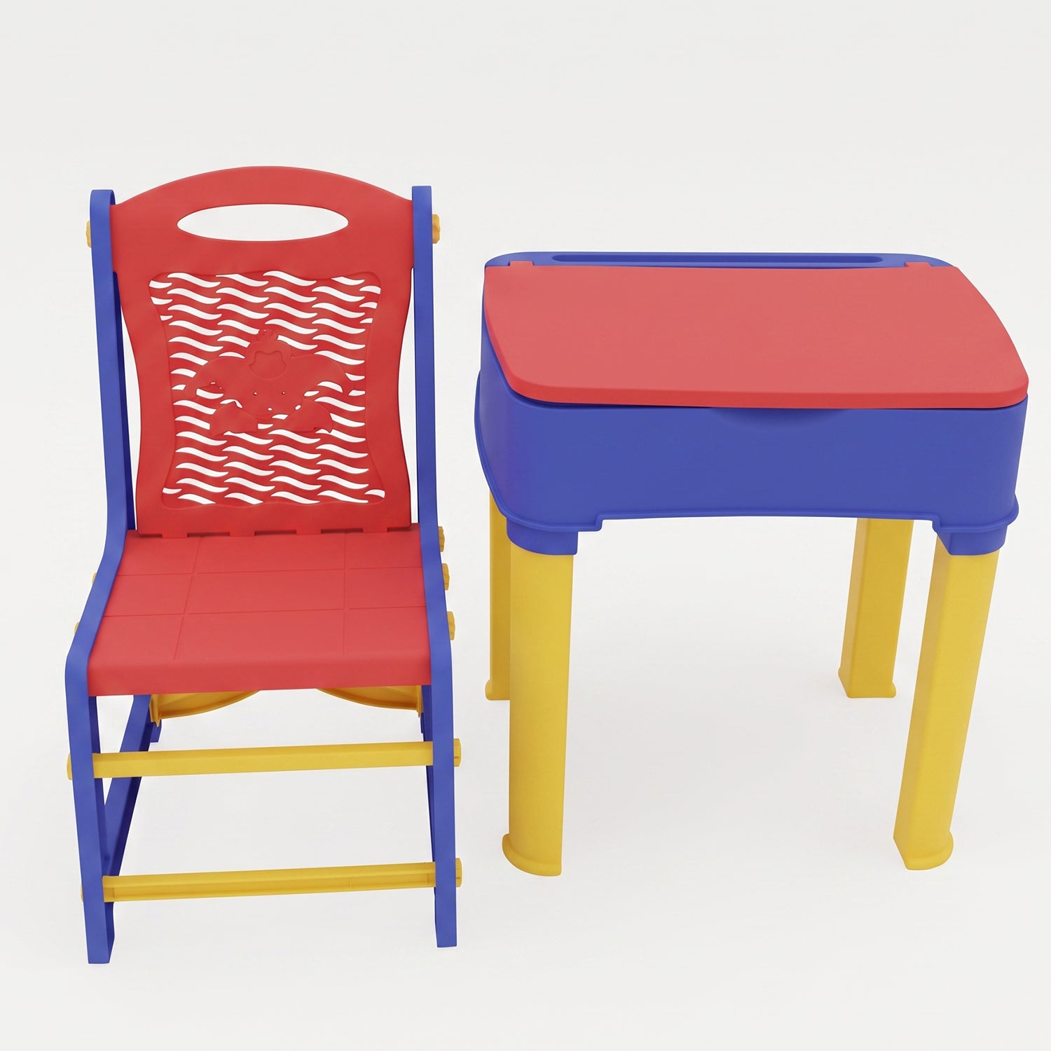 Wukusy 2-in-1 plastic kids study table and chair set with learning board, colorful and child-friendly for homework and activities.
