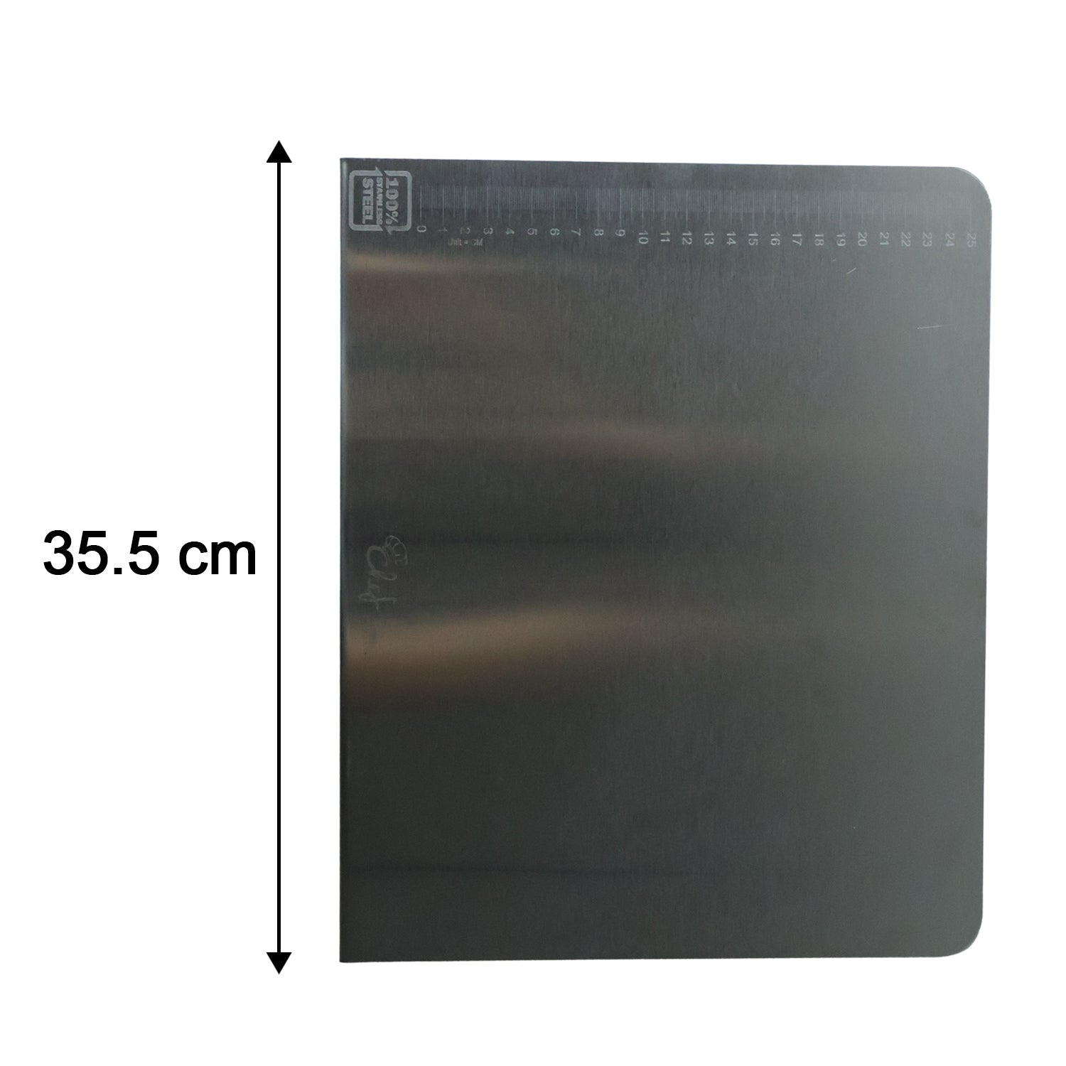 Wukusy stainless steel chopping board, 35.5x29 cm with 1mm thickness, showing a sleek, durable kitchen surface for food prep.