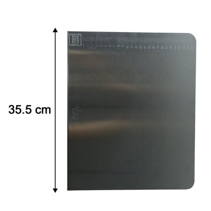 Wukusy stainless steel chopping board, 35.5x29 cm with 1mm thickness, showing a sleek, durable kitchen surface for food prep.