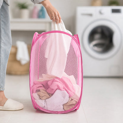 Wukusy foldable mesh laundry basket with lightweight design, 32x32x58cm size, ideal for storing clothes and laundry.