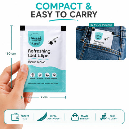 Wukusy Aqua Nova refreshing wet wipe for face, hands, and body, showing the moist cleansing wipe in a packaging pouch.