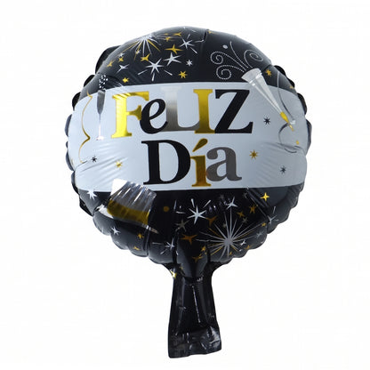 Black and gold Feliz Dia round foil balloon from Wukusy, celebrating with festive, shiny balloon design.