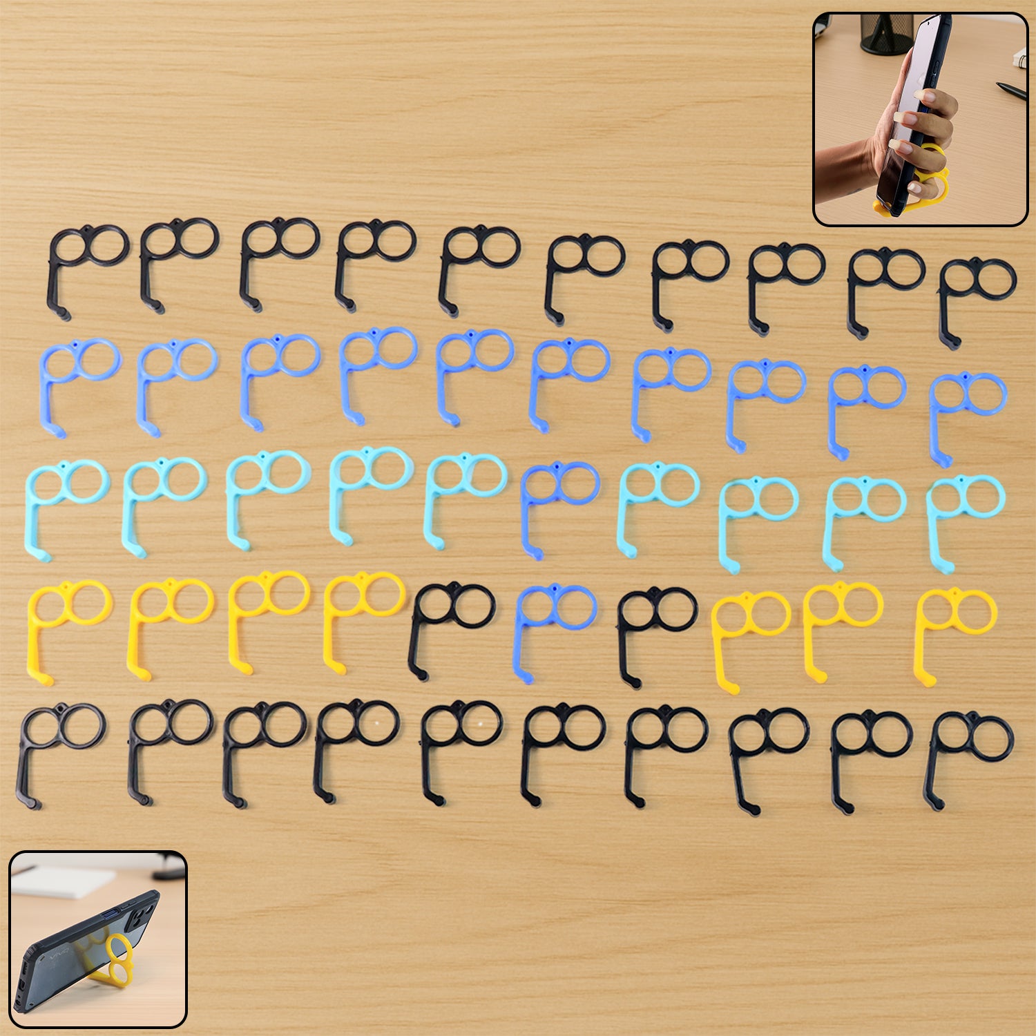 Set of 50 mixed color plastic hand mobile stands for office use, ideal for holding smartphones securely.
