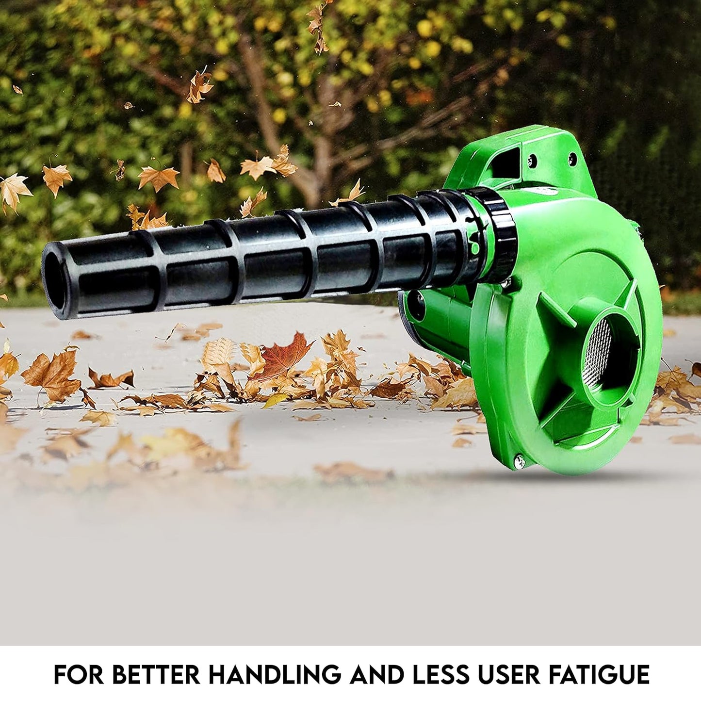 Wukusy 350W green portable electric air blower with 13000 RPM, suitable for home, office, car, garden, and garage cleaning.