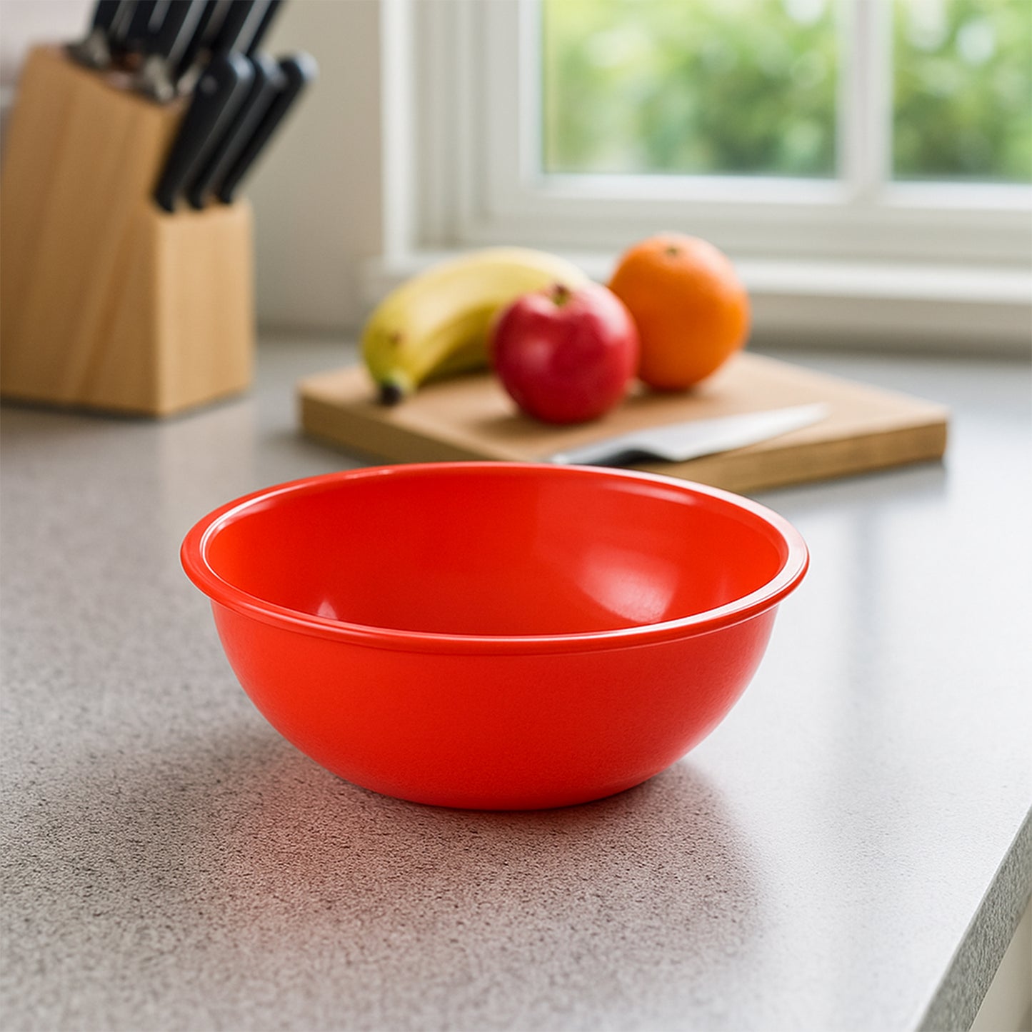 Red plastic 6-inch round deep serving bowl by Wukusy, perfect for home and kitchen use, with a durable, smooth finish.