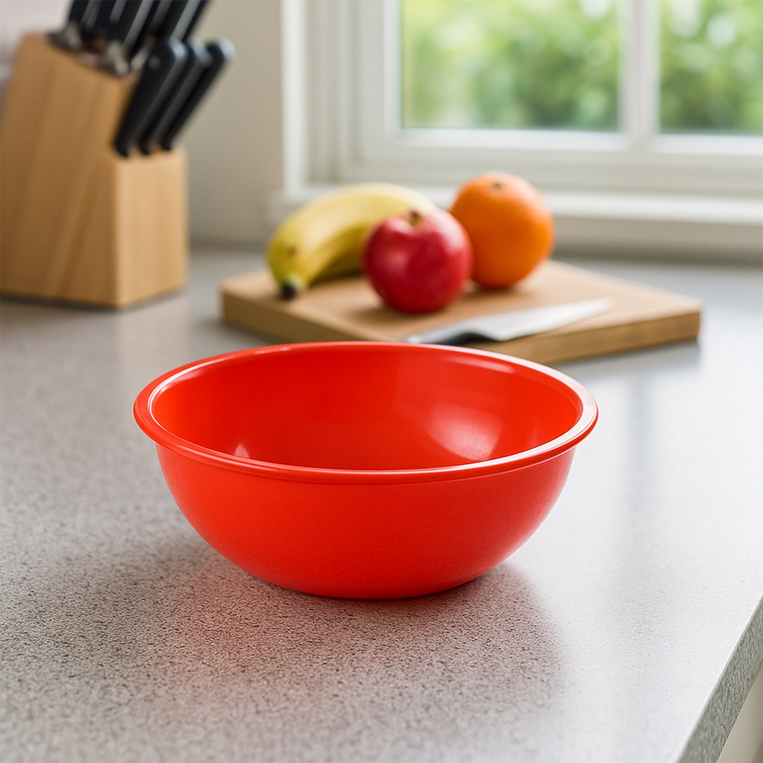 Red plastic 6-inch round deep serving bowl by Wukusy, perfect for home and kitchen use, with a durable, smooth finish.