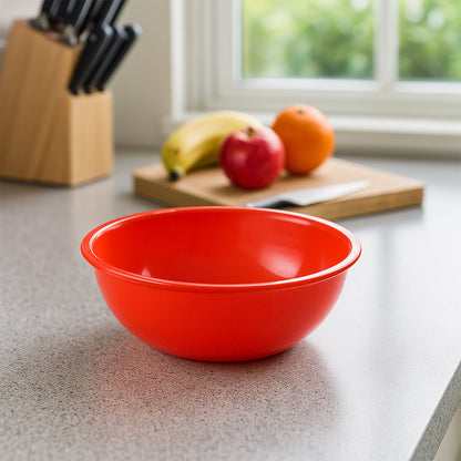 Red plastic 6-inch round deep serving bowl by Wukusy, perfect for home and kitchen use, with a durable, smooth finish.