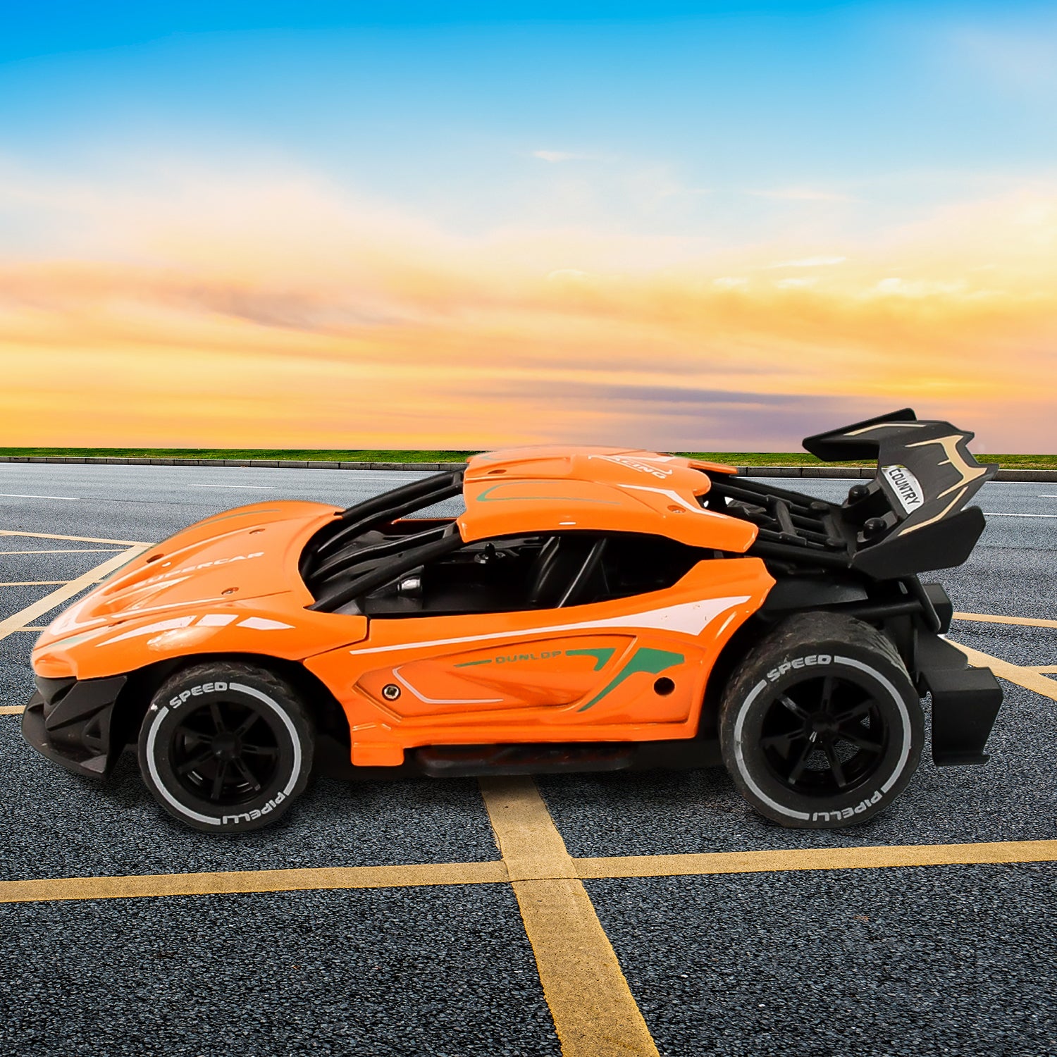 Wukusy metal body high-speed RC supercar with remote control, detailed racing car with sleek design and vibrant color.
