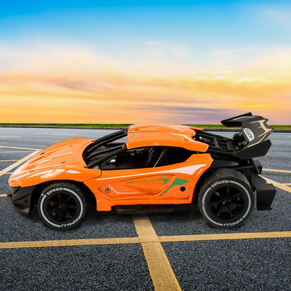 Wukusy metal body high-speed RC supercar with remote control, detailed racing car with sleek design and vibrant color.