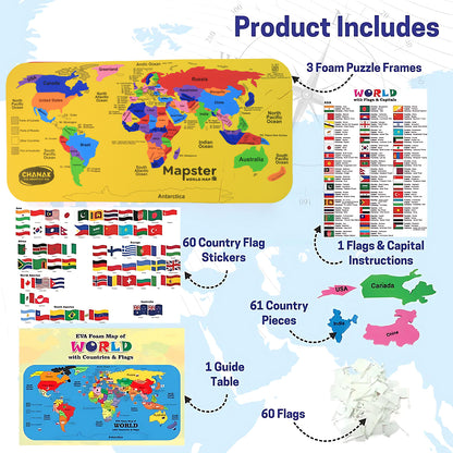 Wukusy Aditi Mapster World Map Eva foam puzzle set with colorful puzzle pieces and detailed world map design for kids' educational play.