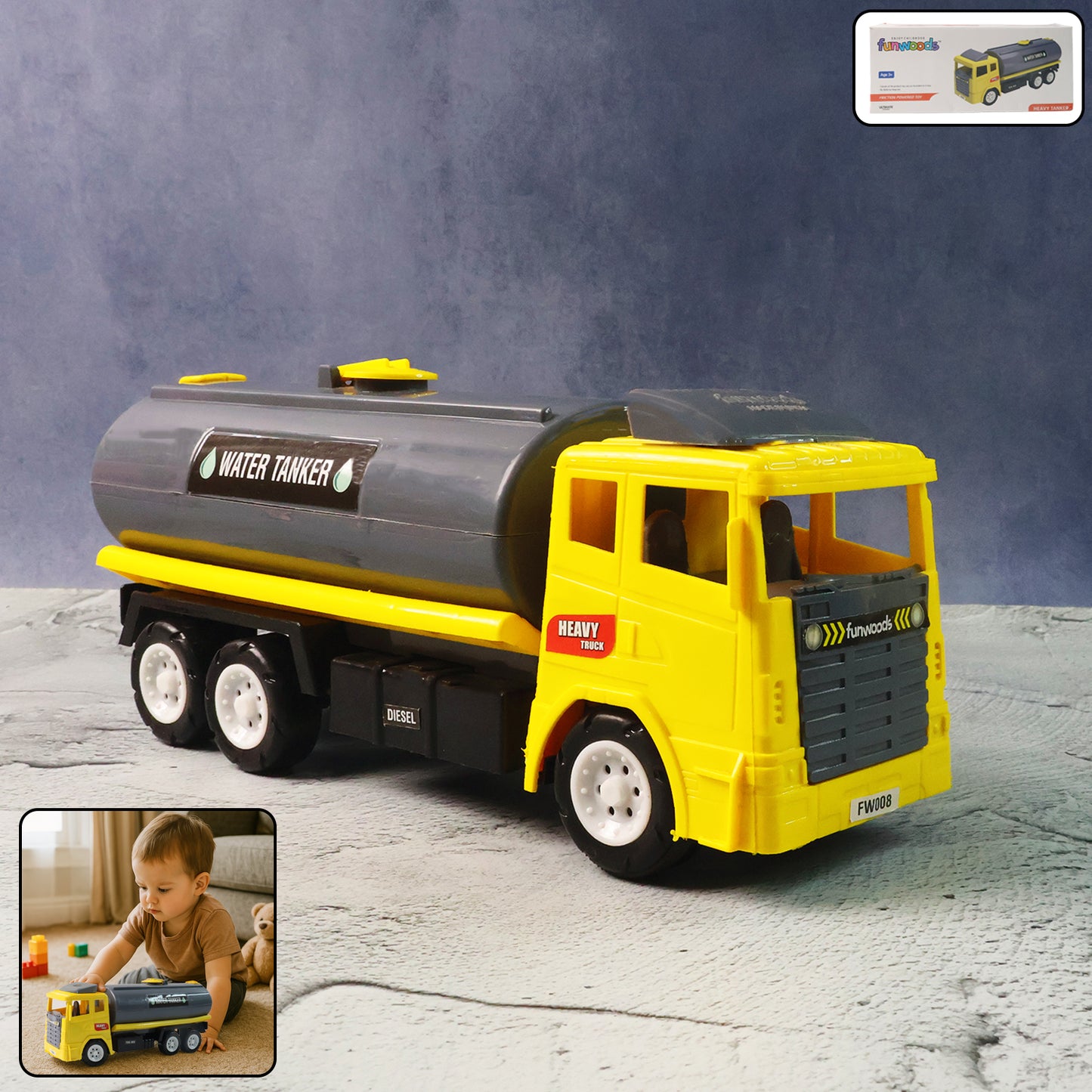 Wukusy Funwoods water tanker toy truck for kids, featuring a colorful plastic design with realistic tank and wheels.