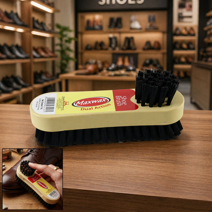 Wukusy Maxwax Dual Action Shoe Cleaning Brush 2-in-1 with bristles for cleaning and polishing shoes in a compact design