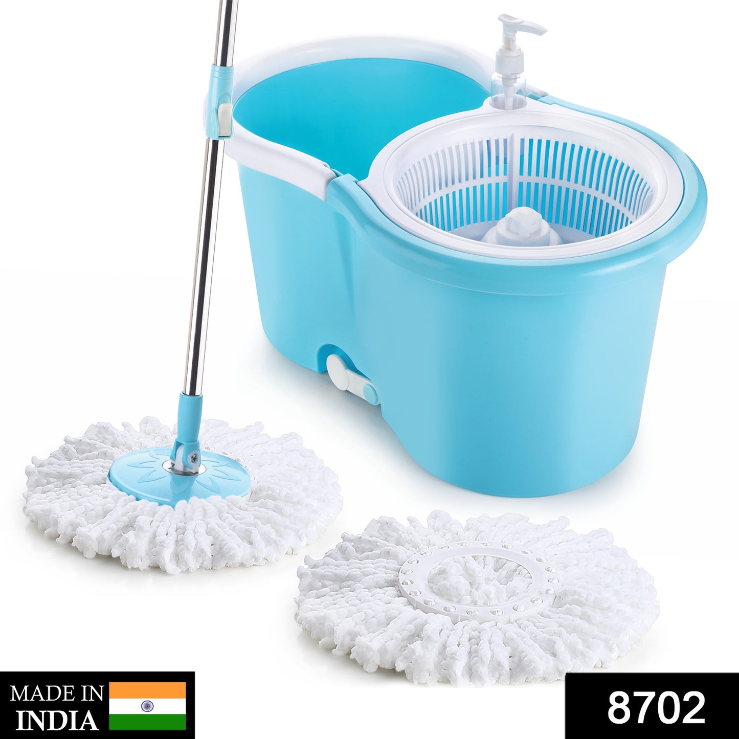 Wukusy 8702 plastic spinner bucket mop with 360-degree self-spin wringing, two absorbers for home and office floor cleaning.